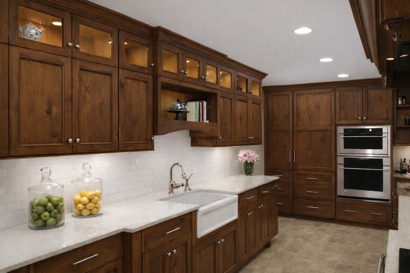 Modernized kitchen with new Pine doors stained a dark Walnut color