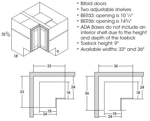 York Base Easy Reach Cabinet (33" along wall x 32.5"H x 24"D) 9" ADA-compliant toekick *Special Order